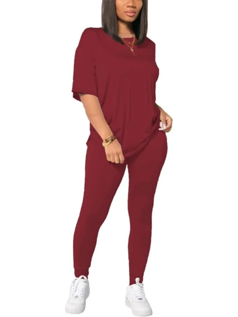 Women's Wine Red 2 Piece Outfits Summer Sweatsuits Drop Shoulder Tracksuits